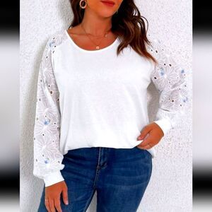 Elegant White Top with Lace Sleeves OX